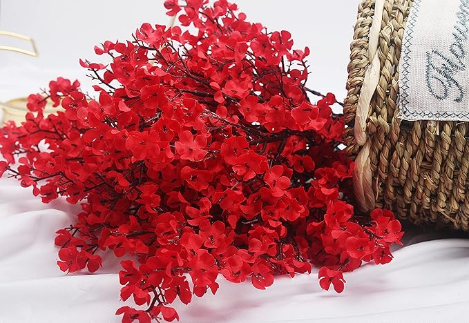 JAKY-Global 10pcs Babys Breath Artificial Flowers with Vase Gypsophila Bouquet Bulk Fake Spring Silk Flowers Real Touch Faux Floral for Home Bedroom Kitchen Garden Wedding Christmas DIY Decor (Red)