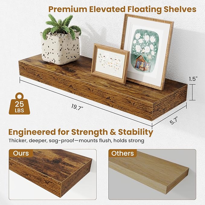 Fun Memories Floating Shelves Bathroom for Wall Mounted Shelves, 20 Inch Wood Shelf Set of 2, Home Storage & Display Decor, Rustic Brown