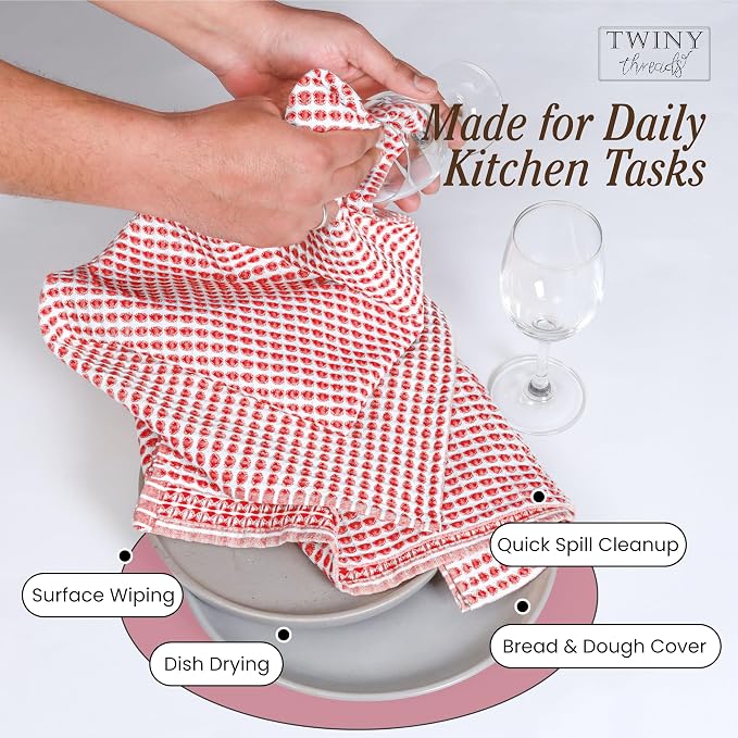 TWINY threads Circle Waffle Tea Towels Set of 4, 16x26 Inch, 100% Cotton, Durable, Soft, Waffle Weave Hand Towels, Reusable Cloths, Ideal for Cooking, Baking, Household, Assorted Colors