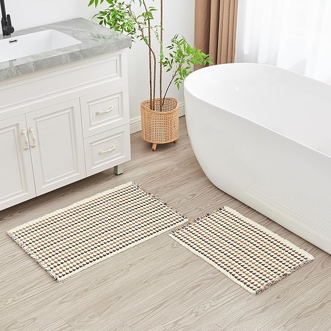 Douceur Boho Bath mat for Bathroom Floor Non Slip, Acrylic Blend Cute Bath Mats with Tassels, Quick Dry Bath mats Machine Washable, 20" x 32", Brown