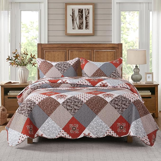 HoneiLife Quilt Set King Size - 3 Piece Microfiber Bedspread Reversible Coverlet Patchwork Bedding Set Lightweight Bedcover Floral Bedspreads All Season Quilts-Amaranth Red