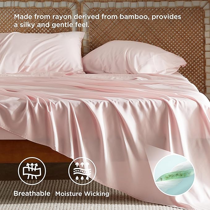 Bedsure King Size Sheets Set, Cooling Sheets for Hot Sleepers, Rayon Derived from Bamboo, Breathable & Soft, Deep Pocket Up to 16 Inches, Hotel Luxury Silky Bedding, Pink
