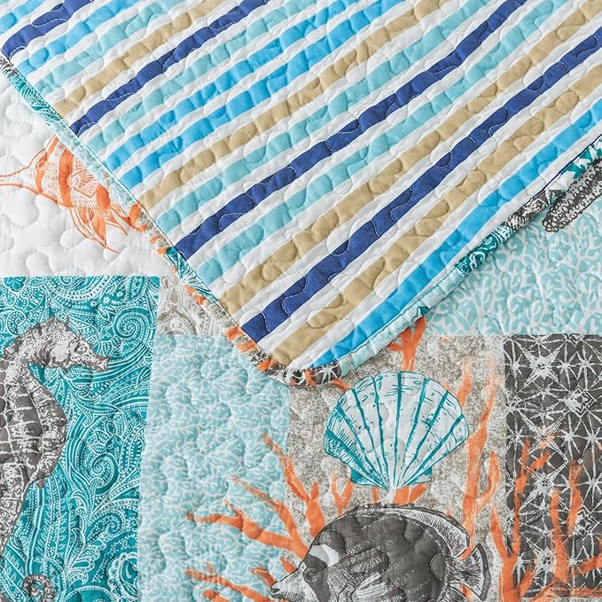 HoneiLife King Quilt Bedding Set - 3 Pieces Coastal Quilt Sets Beach Bedspreads Ocean Coverlets Lightweight Bed Cover Summer Quilts King Size