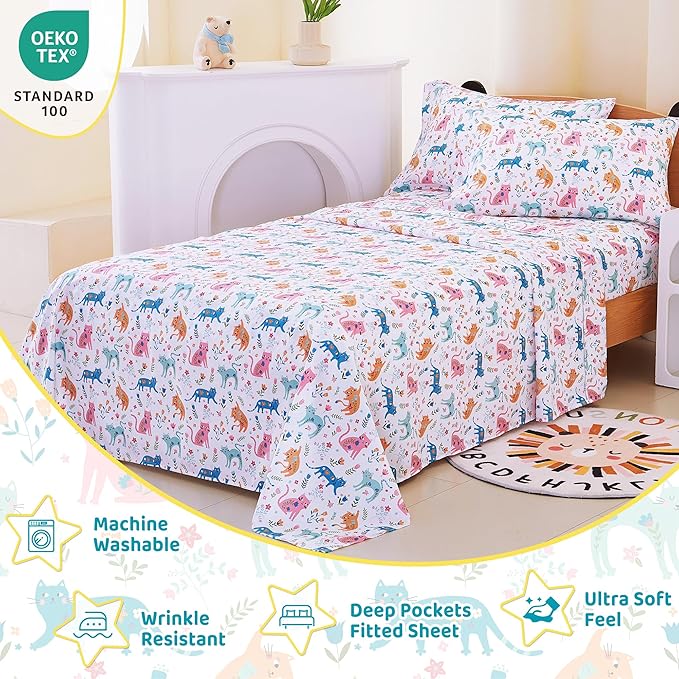 Viviland 3 Pieces Girls Pink Cat Twin Sheet Set - Soft Microfiber Fitted Flat Sheets & Pillowcase - Kids Colorful Floral Leaf Print Bedding Sets - for Kids & Toddlers