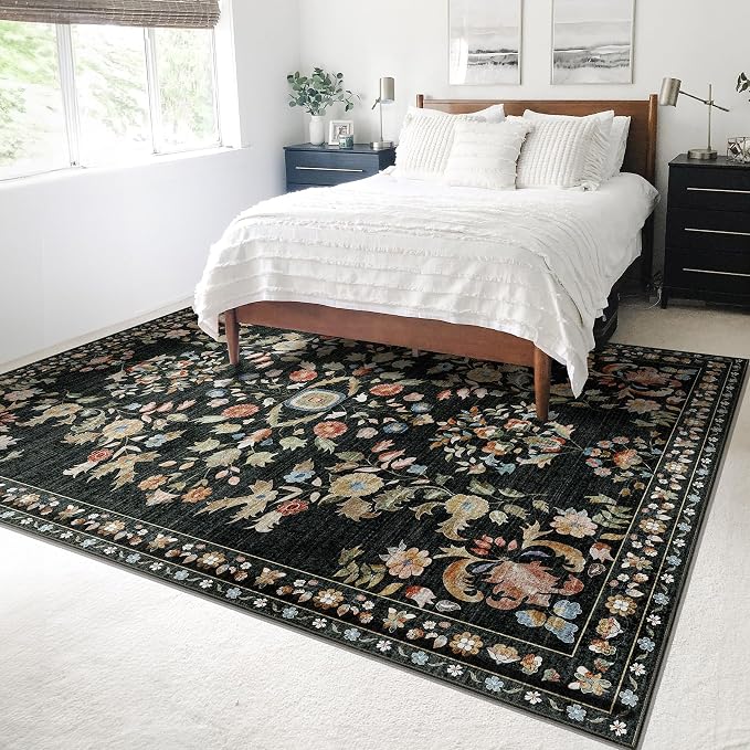 MUJOO Black Rug 6x9,Washable Floral Rugs for Living Room Bedroom Dining Room,Boho Indoor Floor Rug Large Non Slip Throw Carpet Low Pile Vintage
