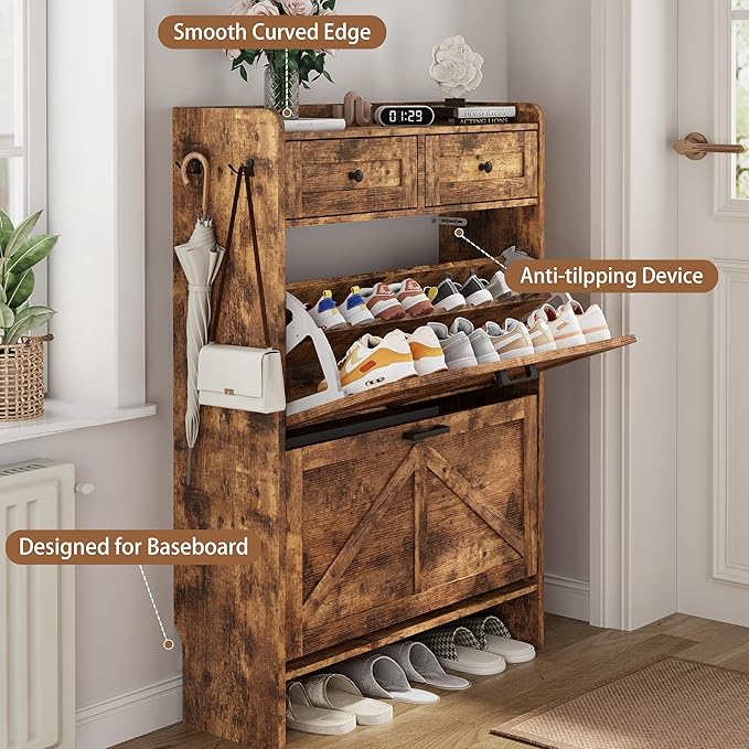Shoe Cabinet with 2 Flip Drawers & 2 Top Drawers, 43" Tall Freestanding Narrow Wooden Shoe Storage Organizer for Entryway, Hidden Slim Shoe Rack for Front Door Entrance, Hallway, Living Room, Brown
