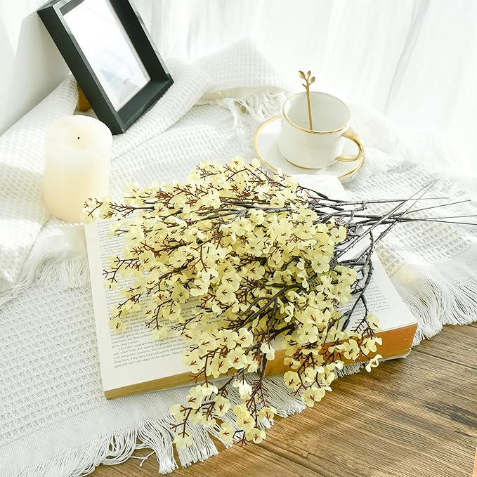 Mandy's Light Yellow Artificial Baby’s Breath European Flowers 6 Bundles Silk Gypsophila with Bendable Stems for Fall Thanksgiving & Christmas Centerpiece Wedding Decor and Table Arrangements