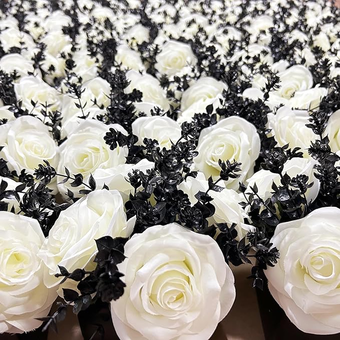 LADADA Artificial Flowers with Small Ceramic Vases, Roses in Vases Plastic Artificial Flowers and Plants,Used for Home Office Wedding Decoration, Table Decoration(White+Black)