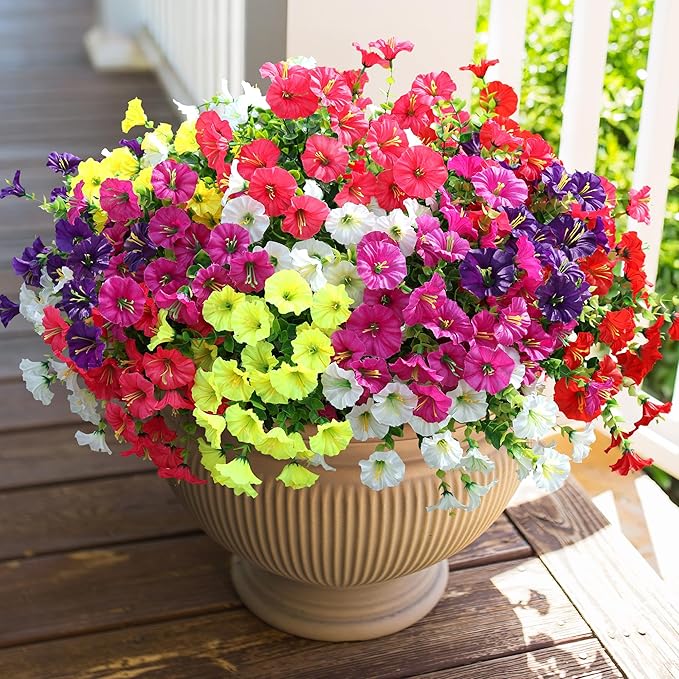 HyeFlora Artificial Flowers for Outdoors Fake Plants Outside Decoration, 12 Bundles Silk Colorful Morning Glory with Eucalyptus UV Resistant Realistic Faux Flowers for Planter Porch Patio Yard Garden