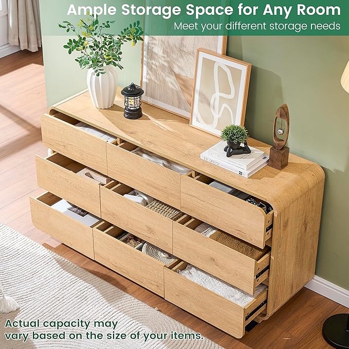 Natural Dresser for Bedroom with 9 Drawers, 57" Wide Modern Drawers with Curved Design, Wood Drawer Organizer for Living Room, Hallway
