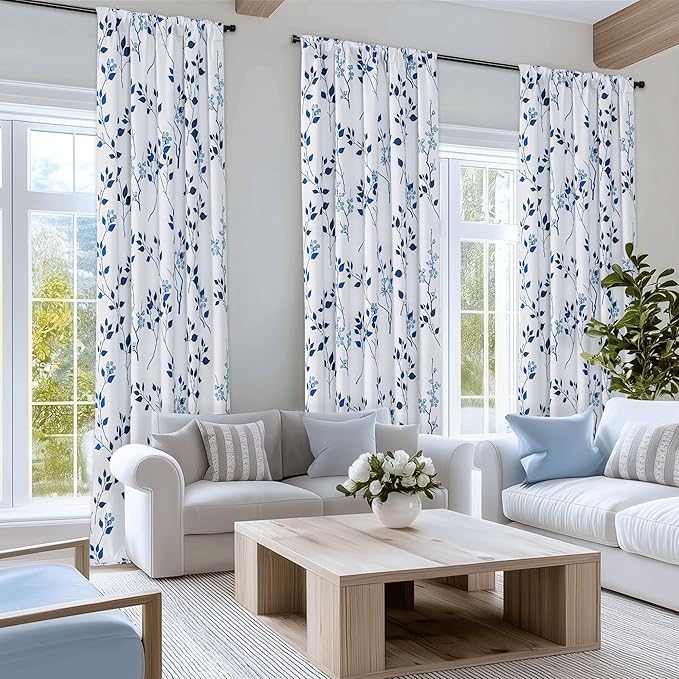 Beauoop Floral 100% Blackout Curtains 84 Inches Long 2 Panels for Bedroom Living Room Navy Blue and White Flower Patterned Room Darkening Thermal Soundproof Rod Pocket Back Tab Window Drapes, 52X84