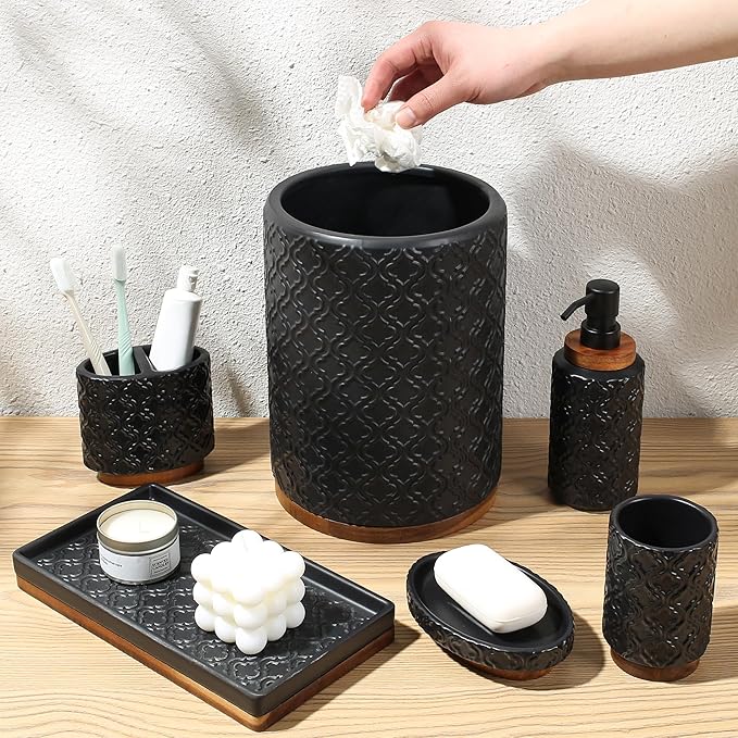 RQYIXI Elegant Bathroom Accessories Set 6 PCS Ceramic and Wood Bathroom Accessory Set Soap Dispenser Toothbrush Holder Tumbler Soap Dish Tray Trash Can Easy to Clean Quatrefoil Pattern Black