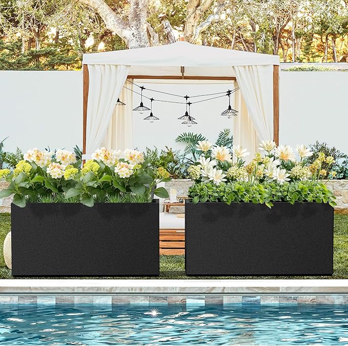 Metal Planter Box Rectangular Planter Box with Drainage Hole, Outdoor Large Planters, All-Weather Use, Rust-Resistance, for Flowers Plants, 32" L × 10" W × 16.3" H, Black