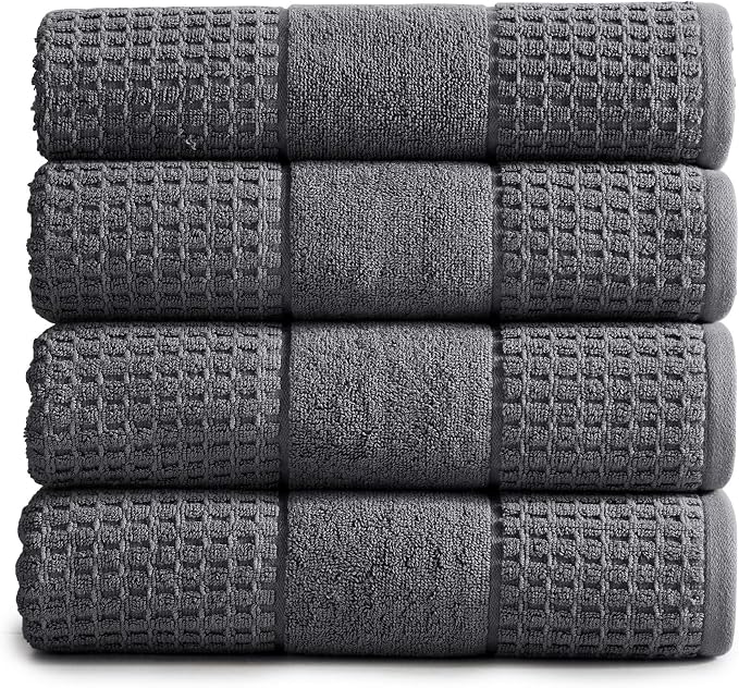 Market & Place 100% Cotton Super Soft Luxury Bath Towel Set | Quick-Dry and Highly Absorbent | Waffle Textured | 550 GSM | Includes 4 Bath Towels | Harper Collection (Dark Grey)