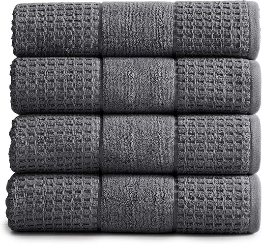 Market & Place 100% Cotton Super Soft Luxury Bath Towel Set | Quick-Dry and Highly Absorbent | Waffle Textured | 550 GSM | Includes 4 Bath Towels | Harper Collection (Dark Grey)