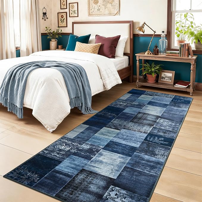 Tepook Modern Runner Rug for Living Room, 2x6 Washable Rugs for Bedroom Hallway, Geometric Patchwork Runner Rug Non-Slip Indoor Throw Carpet for Entryway Kitchen Office Home Decor, Blue