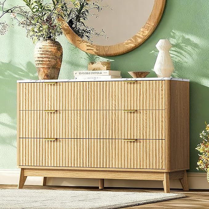 Fluted 6 Drawer Dresser, 47" Wide Chest of Drawers with Faux Marble Top,Modern Dresser TV Stand, Wood Closet Clothes Storage Organizer with Curved Edges for Bedroom, Living Room, Natural