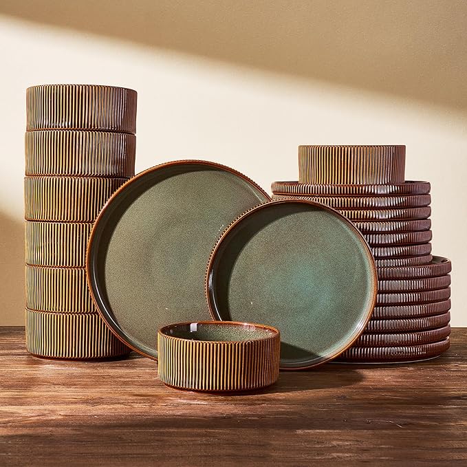 24-Piece Dinnerware Set Service for 8, Famiware Premium Stoneware Dish Set with Ribbed Plates and Deep Bowls, Double Reactive Glaze, Chip & Scratch Resistant, Microwave & Dishwasher Safe, Moss Cocoa