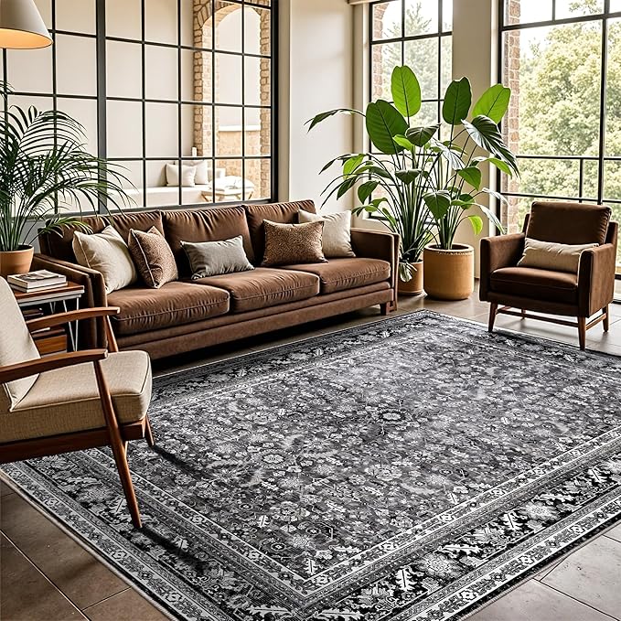 OPPODREAM Vintage Black Area Rugs 8x10, 8 x 10 Retro Washable Rug Non Slip, Low-Pile Faux Wool Carpet, Distressed Floor Mat for Living Room, Bedroom, Office, Dorm, Dinning Room, Big & Large