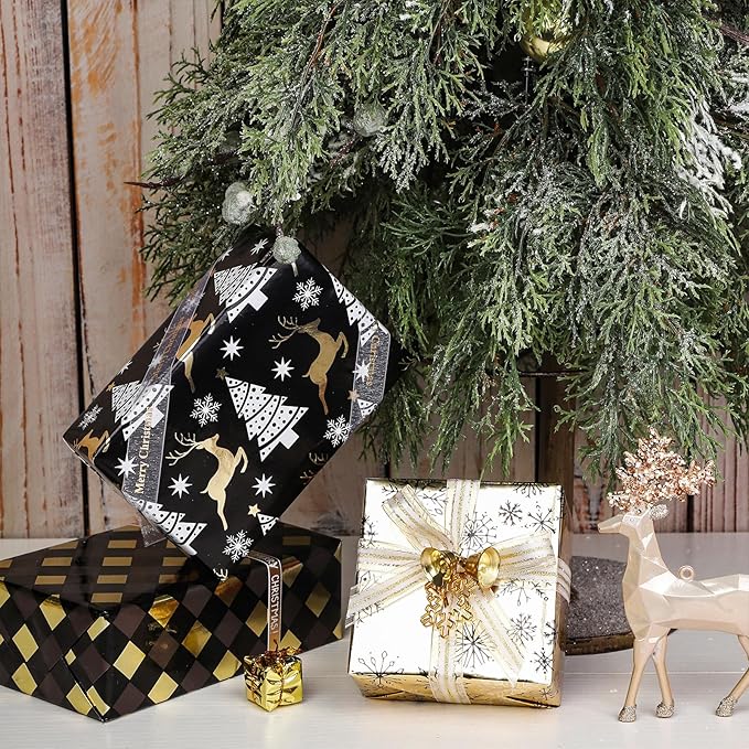 LeZakaa Black Gold Christmas Wrapping Paper Mini Roll, Reindeer Snowflake Tree Grid Metallic Foil Holiday Gift Wrap, DIY Craft, for Xmas Winter Party, 17 x 120 inches, 3 Rolls