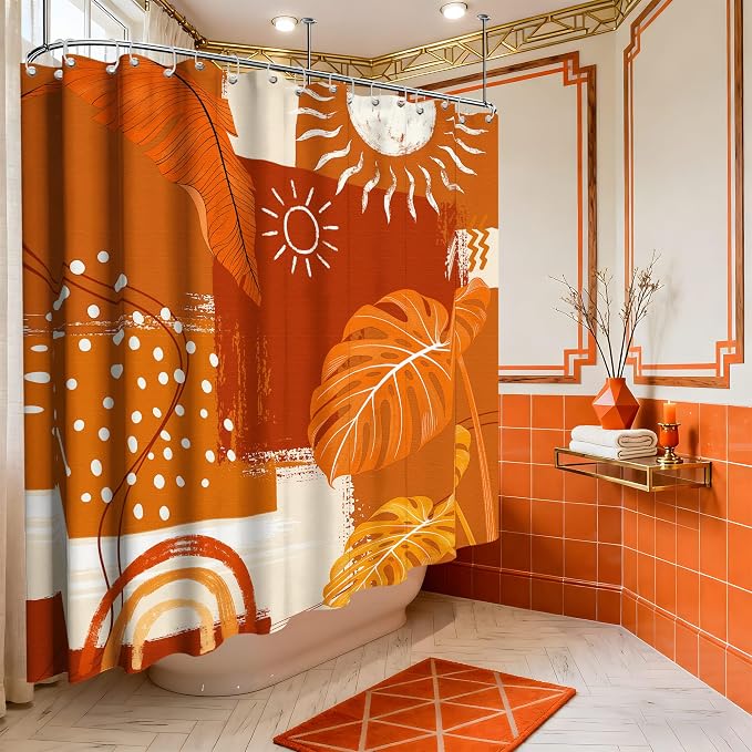 Extra Long Shower Curtain Extra Tall Burnt Orange XL Abstract Tropical Leaf Shower Curtains for Large Bathroom Decor Sets, Waterproof Cloth Fabric with Hooks, 108x72 Inch