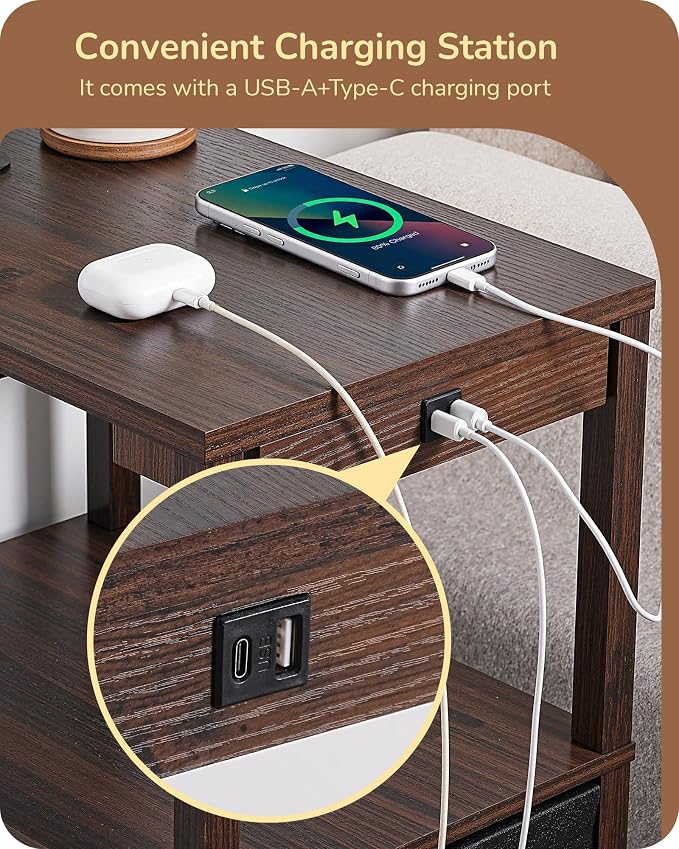 EDISHINE Floor Lamps for Living Room, 3000K-6500K Dimmable Floor Lamp with Table, USB-A+Type-C Charging Port, Table with Lamp Attached for Bedroom, Den, Office, Fire-Burned Wood Color