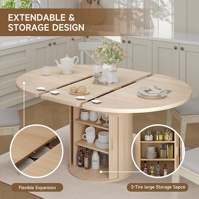 DHH 47"-63" Extendable Round Dining Table for 4–8 with Storage, Mid Century Modern Farmhouse Wood Oval Dinner Table with Pedestal Base for Kitchen, Living Room (Natural Wood)