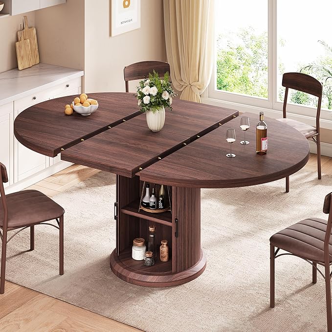 Jocoevol 47″–63″ Extendable Round Dining Table for 4–8 with Dust-Proof 2-Tier Storage Shelf Space-Saving Expandable Dining Room Table Wood Oval Circle Dining Table with Pedestal Base (Walnut)