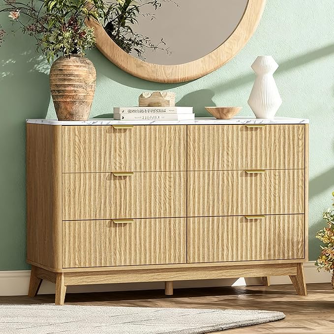Fluted 6 Drawer Dresser, 47" Wide Chest of Drawers with Faux Marble Top,Modern Dresser TV Stand, Wood Closet Clothes Storage Organizer with Curved Edges for Bedroom, Living Room, Natural