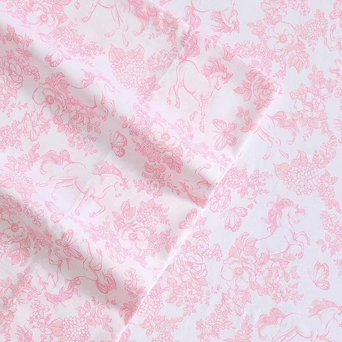 Laura Ashley Kids - Twin Sheet Set, Soft & Wrinkle-Resistant Toddler Bedding Set, Deep Pockets, Girl Bed Sheets with Matching Fitted Sheet & Pillowcase (Toile Unicorn Pink)