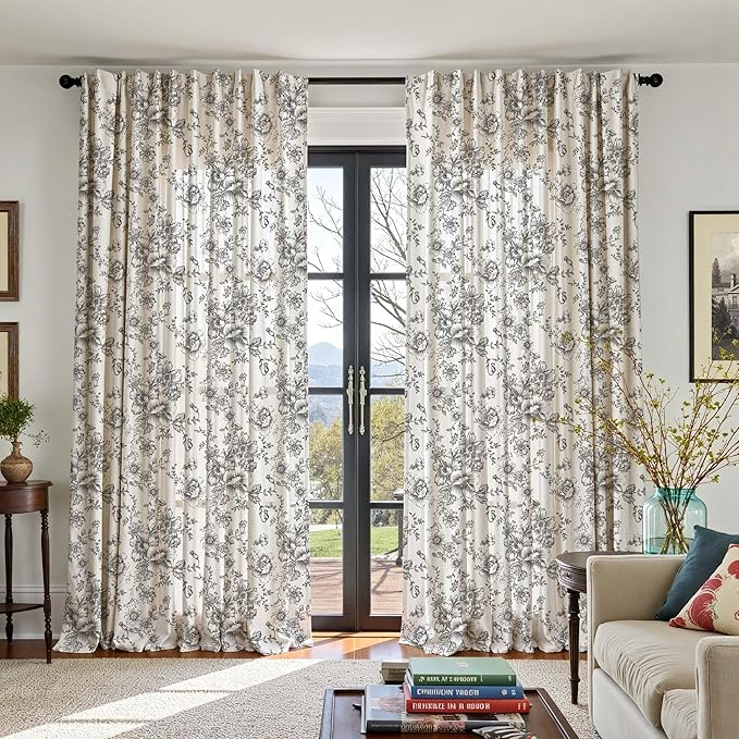 jinchan Linen Floral Curtains 100 Inch Extra Wide for Patio Sliding Glass Door Room Divider Curtain for Living Room 108 Inch Length Farmhouse Peony Black Printed Curtain Set 1 Panel
