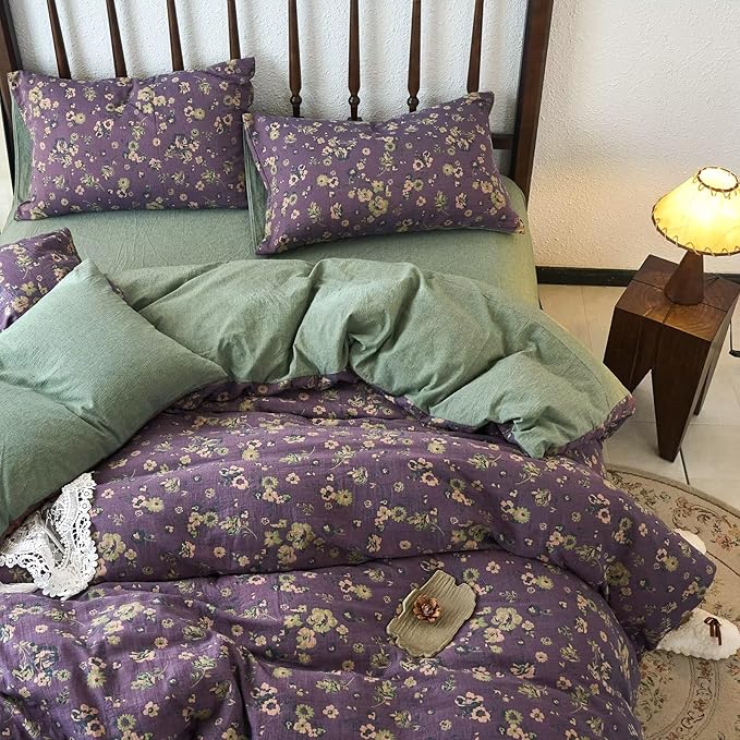 mixinni Vintage Floral Duvet Cover King Set - Purple & Green Reversible Jacquard, 100% Yarn-Dyed Double-Layer Cotton, Breathable Luxury Bedding (3-Piece, Includes 2 Pillowcases) Farmhouse & Bohemian