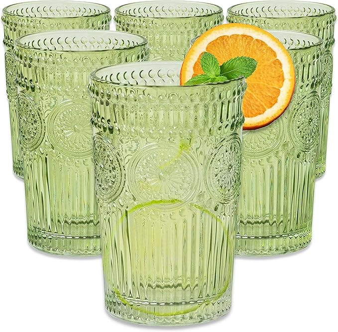 Kate Aspen Vintage Ribbed Green Drinking Glasses Set of 6-13 oz Colored Embossed Glass Cups for Water, Iced Tea, Cocktails - Perfect Holiday Drinkware, Christmas Entertaining & Gift Set