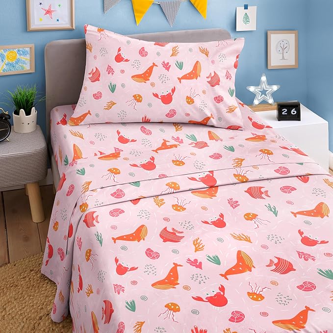 Kids Pink Fish Twin 3 Piece Sheet Set - Boys, Girls, Teens, Toddler - Easy Fit Deep Pockets - Breathable, Hotel Quality Bedding Sheets - Machine Washable - Wrinkle Free - Cute, Cozy, Soft - CGK Linens