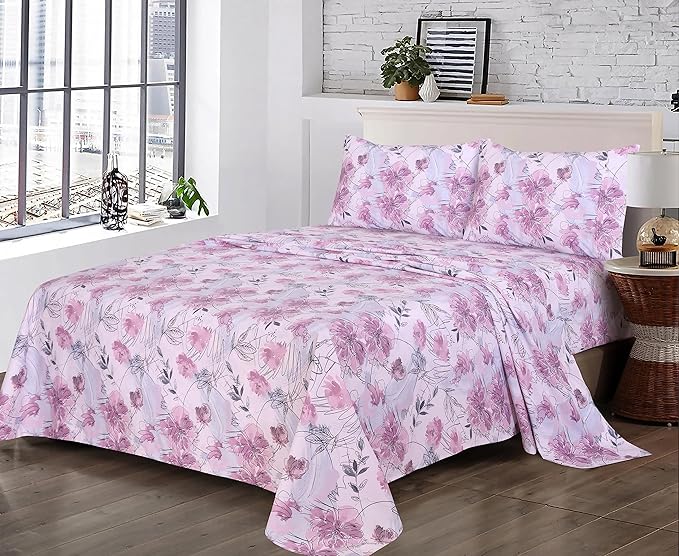 RUVANTI 100% Cotton Sheets Queen Size Set, 4 Pieces, Soft & Breathable Percale Weave Bedding, Deep Pocket 16", Hotel Standard, Crisp Cool Feeling, Durable, Perfect Floral Bed Sheet, Lilac Floral