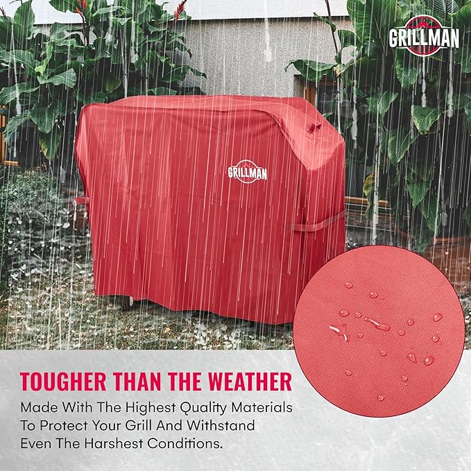 Grill Cover by Grillman, Red, 64 Inch, BBQ Outdoor Grill Covers, Charcoal & Gas Grills, Waterproof, Rip-Proof, Weather-Resistant, Anti-UV, Barbecue Cover for Weber, Genesis, Charbroil, Nexgrill, etc