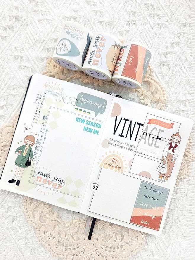 WT Motivational Washi Tape Sticker Set, 3 Rolls, Original Designs, Inspirational Frame Word Stickers, Vintage Decorative Tape, DIY Crafts, Bujo Planner Supplies, Journals Gifts, Adhesive Paper Tape