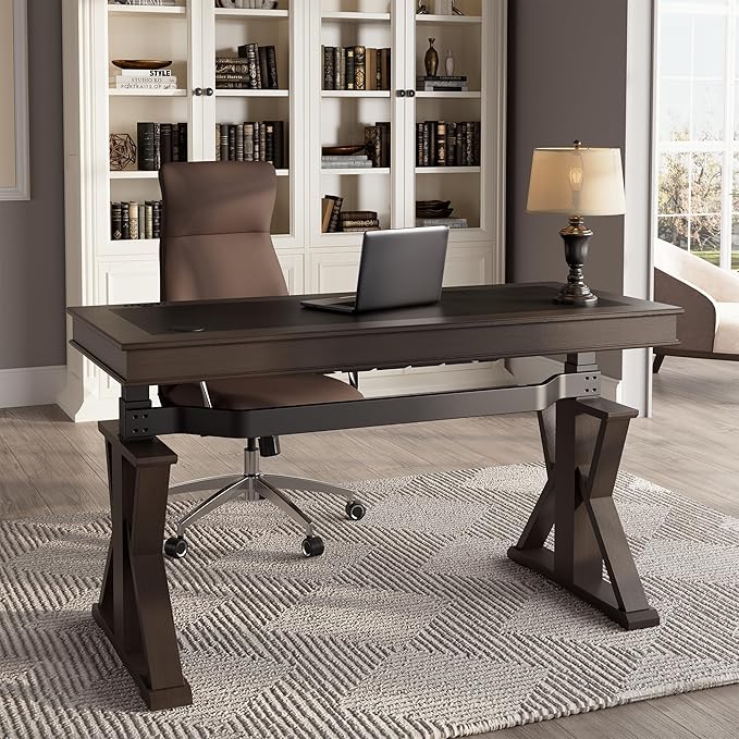 EUREKA ERGONOMIC Leather Standing Desk, 60 inch Executive Desk with Drawers,Modern Oak Grain X-Shaped Leg Sit Stand Desk, Charge Power Outlet Luxury Home Office Computer Desk