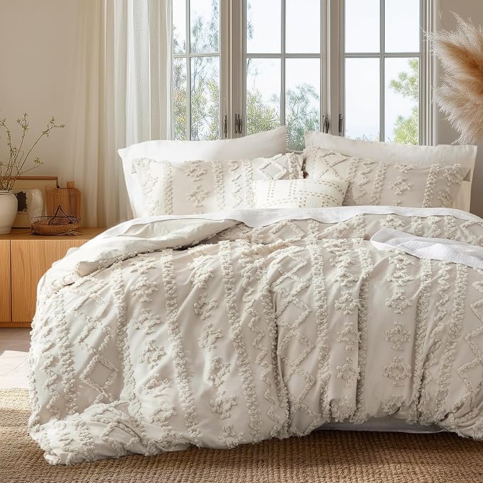 Bedsure Boho Duvet Cover Queen Size, Soft & Comfortable Elegant Design Boho Bedding for Decoration, Machine Washable Comforter Cover for All Seasons,Includes 1 Duvet Cover & 2 Pillow Shams,Linen