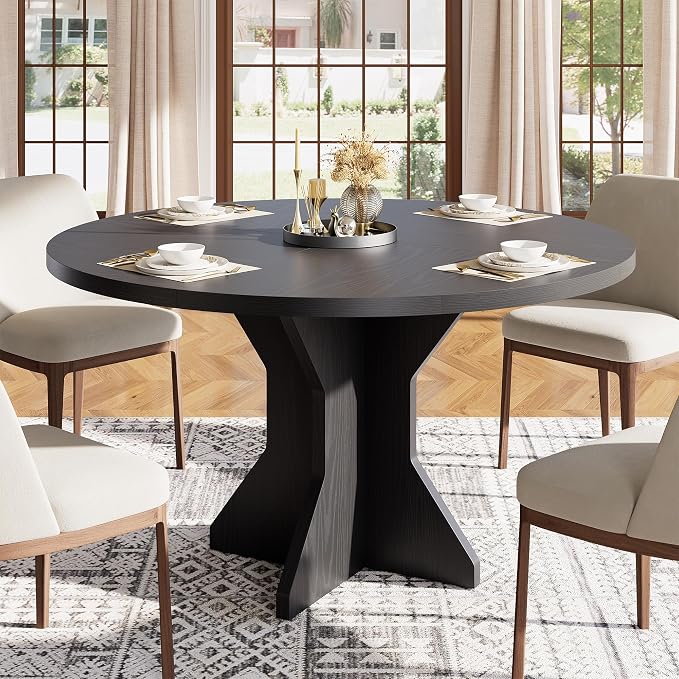 Garvee Round Dining Table for 4-6 People - 47" Circle Kitchen Dinner Table with Sturdy Pedestal Base, Small Spaces Dinning Room Furniture for Living Room, Kitchen, Apartment, Black