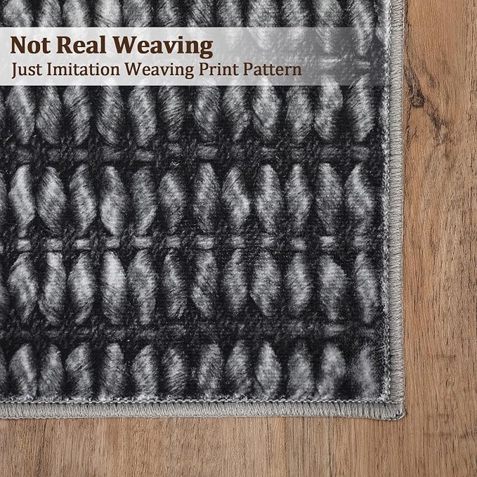 9x12 Area Rug Washable Modern Braided Rug for Living Room Low Pile Soft Bedroom Rugs Non Slip Modern Indoor Large Carpet Thin Foldable Distressed Woven Print Carpet for Nursery Dining Playroom, Black