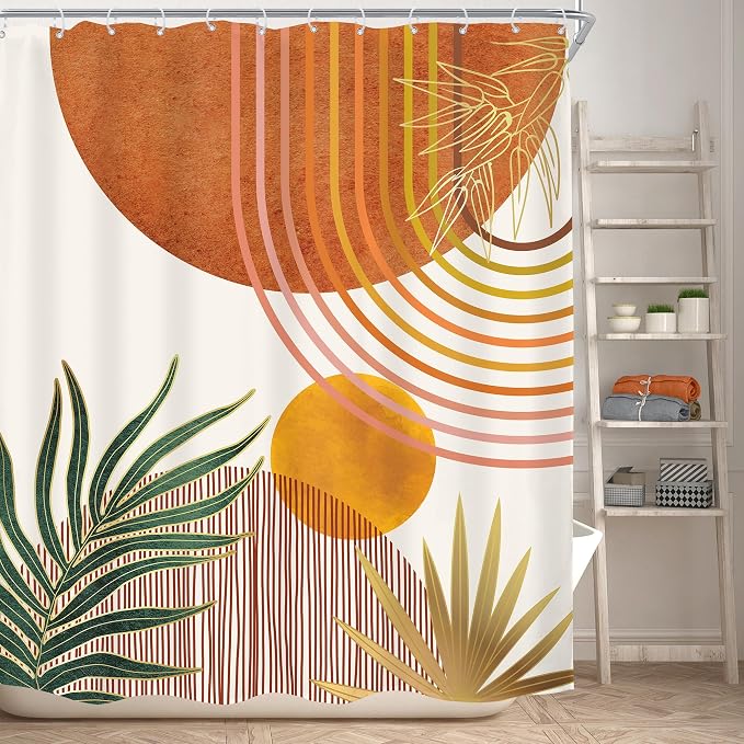 KOMLLEX Mid Century Orange Boho Shower Curtain 60Wx72L Inches Abstract Modern Shower Curtains for Bathroom Decor Plant Botanical Minimalist Arch Sun Fabric Liner Waterproof Polyester 12 Pack Hooks