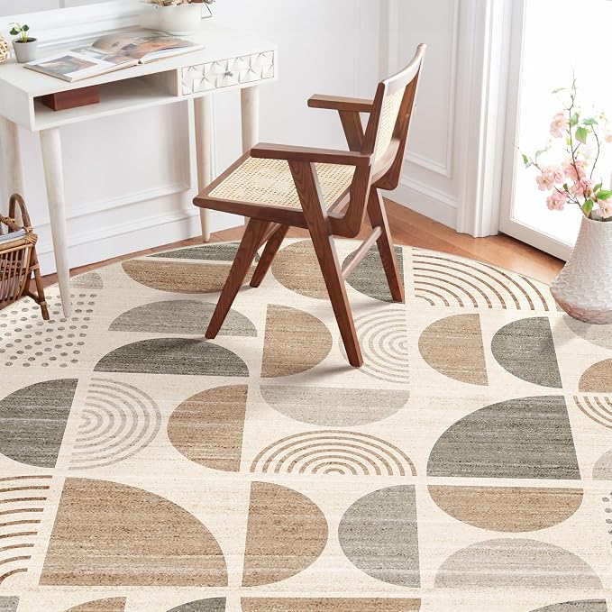 MUJOO Round Rugs 6ft,Circle Area Rug Washable,Circular Rugs for Living Room Dining Room,Large Boho Non Slip Throw Floor Carpet Modern Abstract Bohemian Neutral Beige