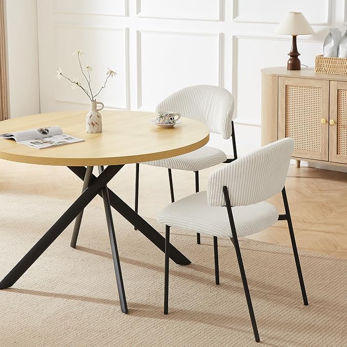HIPIHOM 45.3 Inch Round Dining Table Set for 4, Mid Century Modern Small Coffee Set for Dining Room Kitchen Apartment (Cream Table + 4 White Shell Chairs)