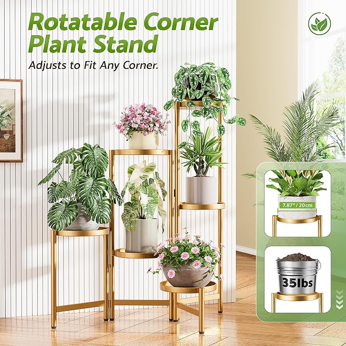 6 Tiered Plant Stand Indoor for Multiple Large Planter, Tall Heavy Duty Adjustable Folding Rack with Rustproof 7.9 Inch Wide Tray, Plant Shelf for Corner Living Room - GoldDisk