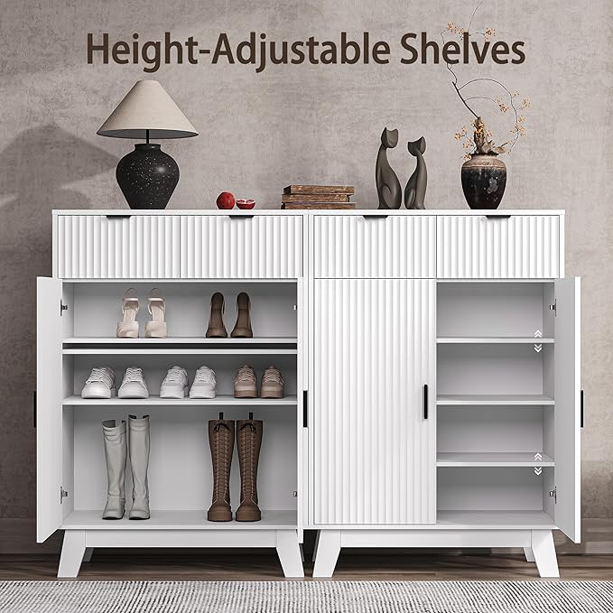 BOXACTION Fluted Shoe Cabinet, 4-Tier Mid Century Modern Narrow Shoe Storage Cabinet with Doors & 2 Drawers, Adjustable Shelves, Freestanding Hidden Shoe Rack Organizer & Wooden Legs for Entryway