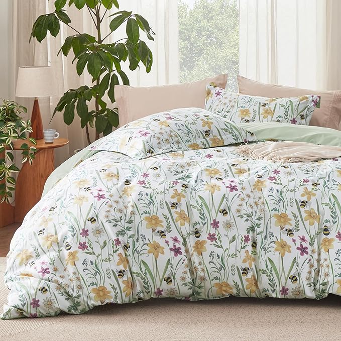 Bedsure Duvet Cover Queen Size - Reversible Floral Pattern Duvet Cover Set with Zipper Closure, 3 Pieces Green Bedding Set with 8 Corner Ties and 2 Pillow Shams 20"x26"