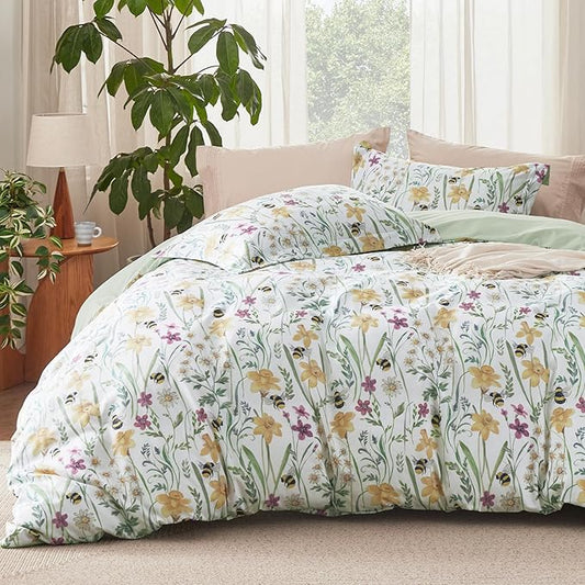 Bedsure Duvet Cover Queen Size - Reversible Floral Pattern Duvet Cover Set with Zipper Closure, 3 Pieces Green Bedding Set with 8 Corner Ties and 2 Pillow Shams 20"x26"