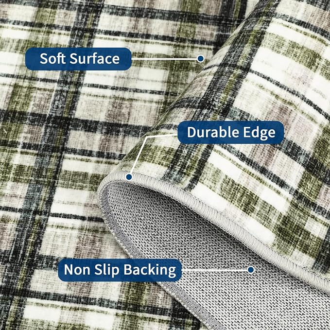 2x8 Runner Rug Bathroom Rugs Non Slip Machine Washable Hallway Rug Modern Soft Non-Shedding Kitchen Runners for Bathroom Bedroom Entryway Nursery, Green&Taupe