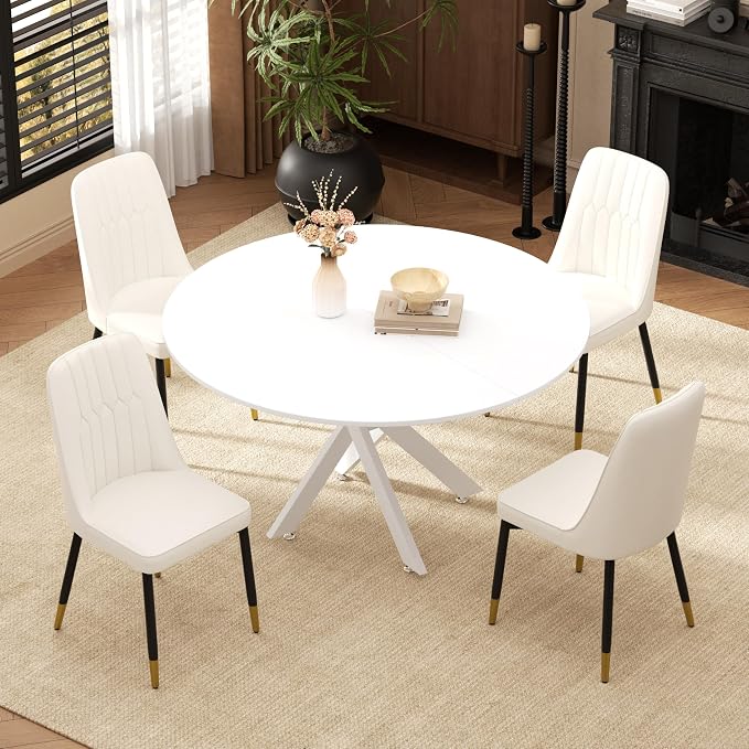 RGZ Mid Century White Round Dining Table Set for 4, 47" Large Wooden Circle Kitchen Table & 4 White PU Leather Kitchen Chairs, Dinner Table Set for Home, Apartment, Dining Room